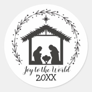 Joy to the World Black and White Nativity Classic  Classic Round Sticker