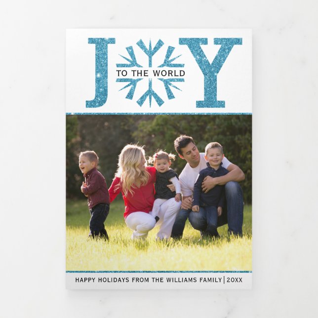 Joy to the world blue glitter snowflake Christmas Tri-Fold Holiday Card (Cover)