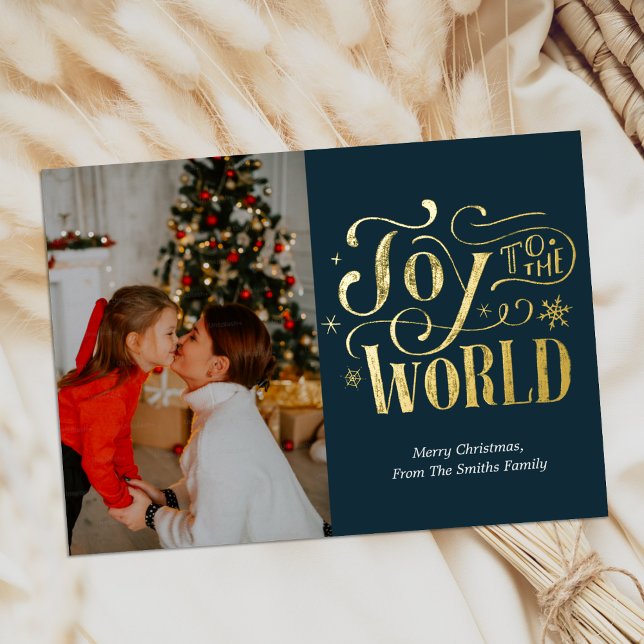 Joy to the World Blue Gold Calligraphy Photo  Foil Holiday Card (Creator Uploaded)