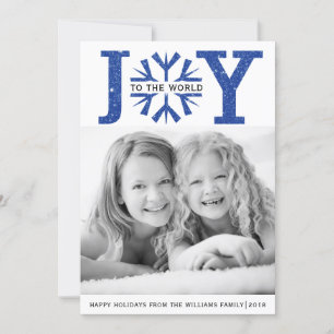 Joy to the world  blue sparkle snowflake Christmas Holiday Card
