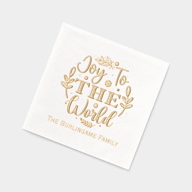 “Joy to the World” Christmas Family Name Foil Napkins (Left)