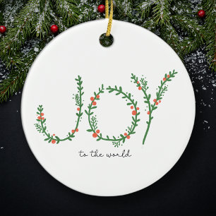 Joy to the World Christmas Green Wreath & Berries Ceramic Ornament