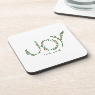 Joy to the World Christmas Green Wreath & Berries Coaster