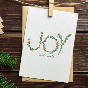 Joy to the World Christmas Green Wreath & Berries Holiday Card