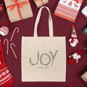 Joy to the World Christmas Green Wreath & Berries Tote Bag