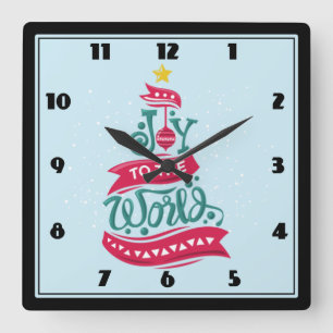 Joy to the World Christmas Quote Typography Square Wall Clock