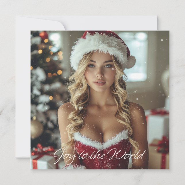 JOY TO THE WORLD - Christmas Santa Girl Holiday Card (Front)