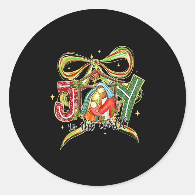 Joy To The World Coquette Bow Christmas Nativity C Classic Round Sticker (Front)