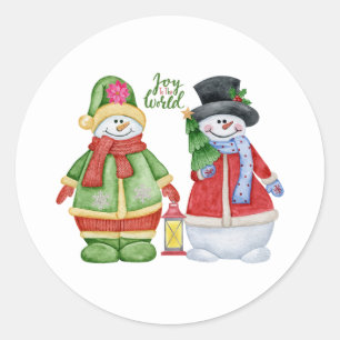 Joy to the World - Cute Christmas Snowmen Classic Round Sticker