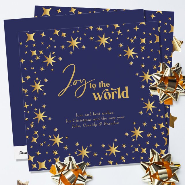 Joy to the World Elegant Blue and Gold Stars Holiday Card (Creator Uploaded)