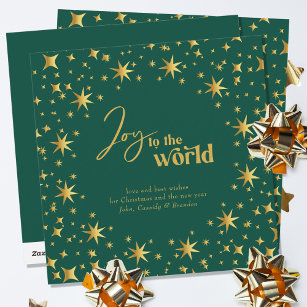 Joy to the World Elegant Green and Gold Stars Holiday Card