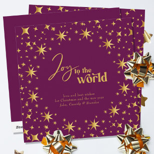 Joy to the World Elegant Plum and Gold Stars Holiday Card