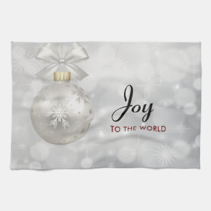 Joy to the World Elegant Silver Christmas Ball Tea Towel