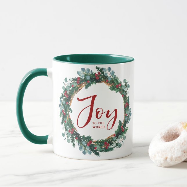 Joy to the World Evergreen Wreath Christmas Mug (With Donut)