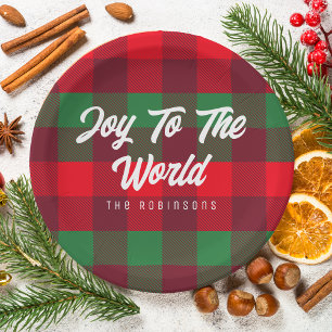 Joy To The World Family Christmas Buffalo Plaid Paper Plate