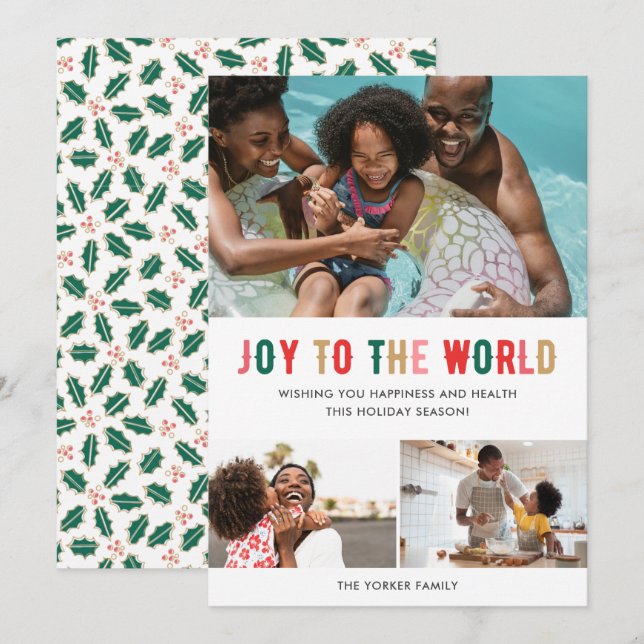 Joy to the World Family Three Photo Christmas Holiday Card (Front/Back)