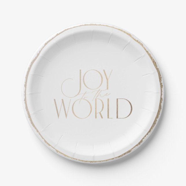 Joy to the World faux-gold deckle-edged Christmas Paper Plate (Front)
