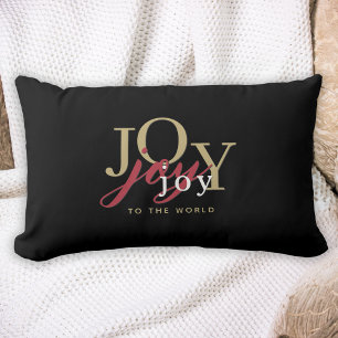 Joy to the World Festive Typography Black Lumbar Cushion