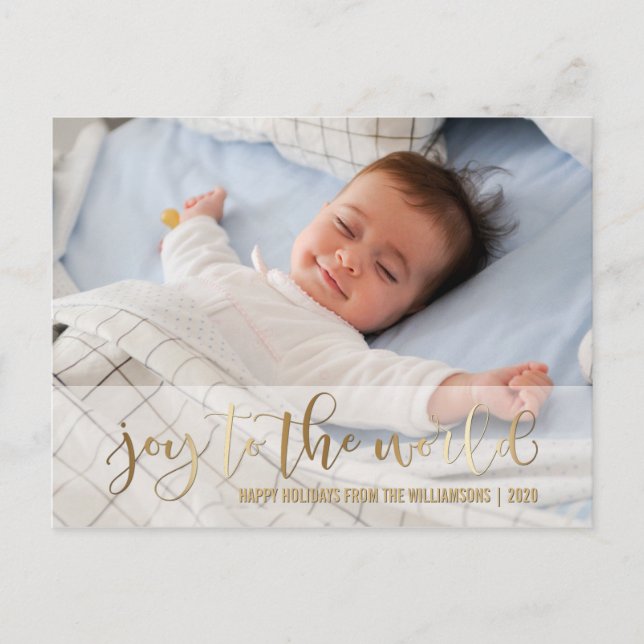 JOY TO THE WORLD GOLD SCRIPT | HOLIDAY PHOTO POSTCARD (Front)