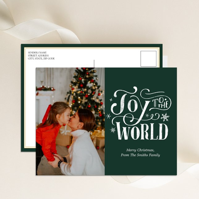 Joy to the World Green Calligraphy Photo Modern Holiday Postcard (Creator Uploaded)