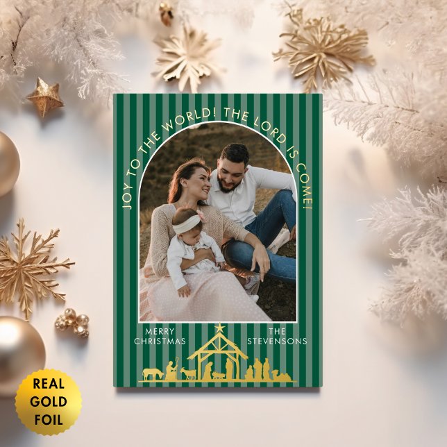 Joy To The World Green Nativity Christmas Photo Foil Holiday Card (Creator Uploaded)