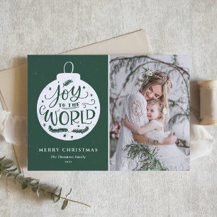 Joy To The World Lettering Green Christmas Photo Holiday Card