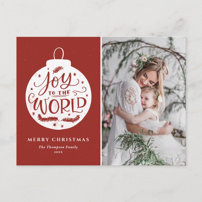 Joy To The World Lettering Red Christmas Photo Holiday Postcard (Front)