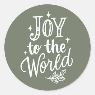 Joy to the World Lettering Taupe Green Christmas Classic Round Sticker