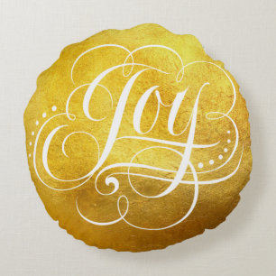 Joy to the World Luxury Gold Faux Foil Calligraphy Round Cushion