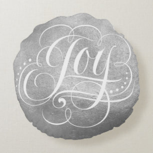 Joy to the World Luxury Silver Christmas Script Round Cushion