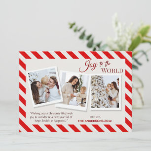 Joy to the world modern 3 family photos cute red holiday card