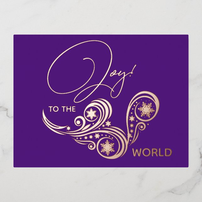 Joy to the World Modern Calligraphy  Foil Holiday Postcard (Front)