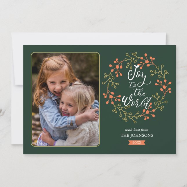 Joy to the World Modern Calligraphy Holiday Wreath Card (Front)