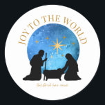 Joy to the World | Nativity | Christmas Classic Round Sticker<br><div class="desc">Pretty Joy to the World | Nativity | Christmas Classic Round Stickers. Gorgeous design by Simon & Grace features beautiful nativity scene with silhouette figures against a globe shaped blue abstract watercolor night sky with faux gold stars, Joy to the World the Lord has come in decorative gold coloured typography....</div>