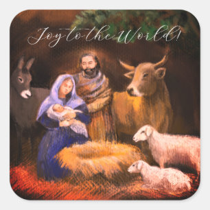 Joy to the world, nativity scene, christmas card square sticker
