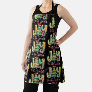 Joy To The World Neon Christmas Tree Brushstroke Apron
