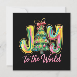 Joy To The World Neon Christmas Tree Brushstroke Holiday Card