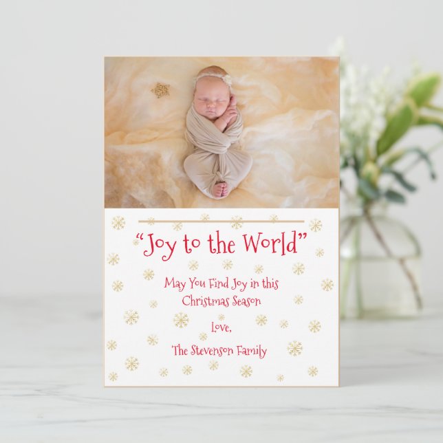 Joy to the World Photo Snowflakes Christmas Card (Standing Front)