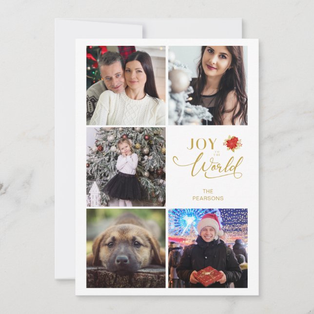 Joy To the World Poinsettias Collage 5 Photos Holiday Card (Front)