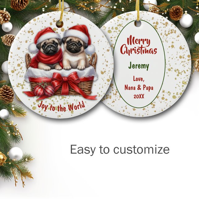 Joy to the World Pug Puppies in Basket Ceramic Ornament (Creator Uploaded)