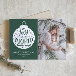 Joy To The World Quote Green Photo Merry Christmas Holiday Card<br><div class="desc">Whimsical and rustic Christmas photo card for your family and friends. It features a rustic holiday ornament,  "Joy to the World" modern calligraphy quote with snow accents and green background. Personalise by adding a photo,  name,  year and other details. This hand-lettered Christmas card is available in other cardstock.</div>