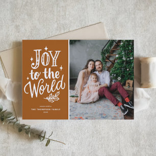 Joy to the World Quote Rustic Burnt Orange Photo Holiday Card