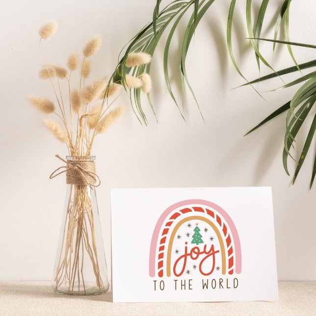 Joy to the World Rainbow Pink Christmas  Card (Joy to the World Cute Rainbow Christmas Card Illustrated Greeting Card Non Photo Card)