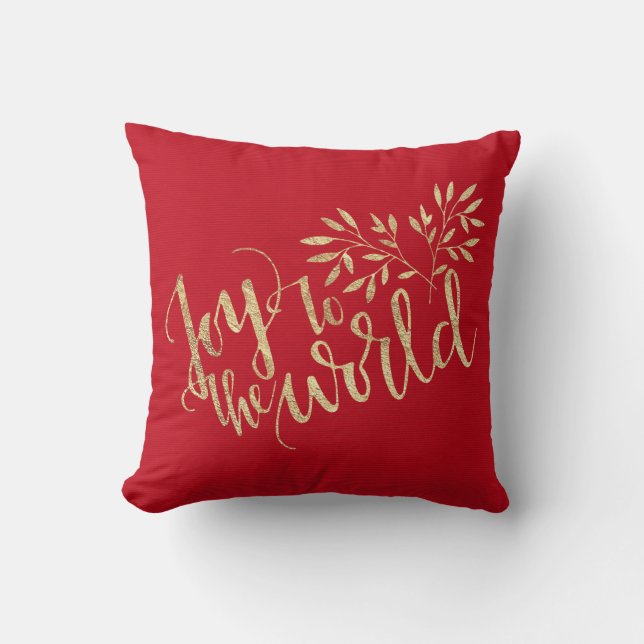 Joy To The World - Red and Gold - Christmas Cushion (Front)