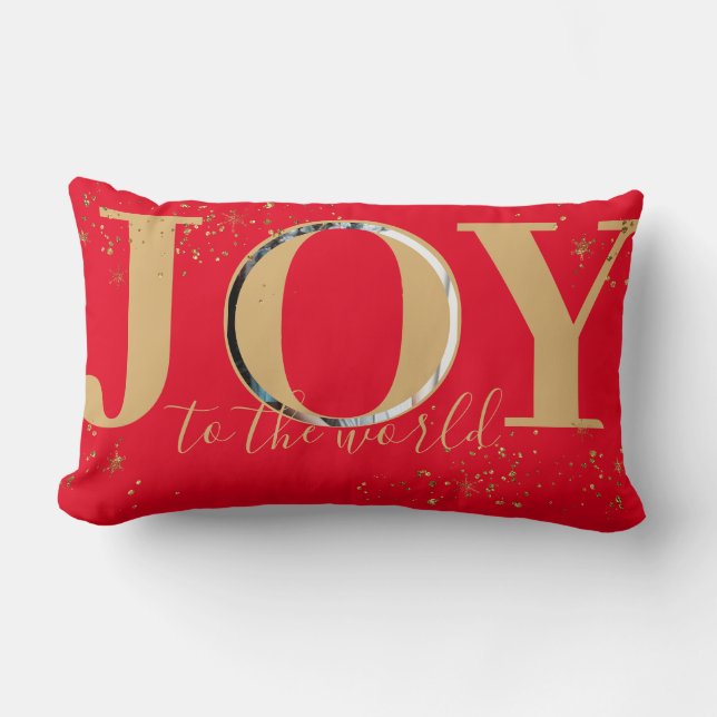 Joy to the World Red and Gold Glittery Photo Lumbar Cushion (Front)