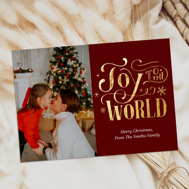 Joy to the World Red Gold Calligraphy Photo Modern Foil Holiday Card (Creator Uploaded)