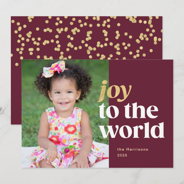 Joy to the World Red & Gold Holiday Photo Card (Front/Back)