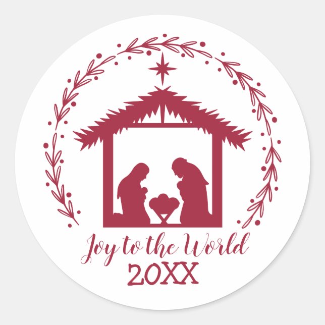 Joy to the World Red Nativity Classic Round Sticker (Front)