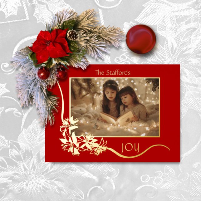 Joy to the World Red Poinsettia Christmas Card (Creator Uploaded)