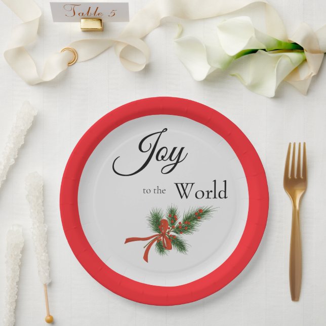 Joy to the World Religious Red Holly Christmas Paper Plate (Wedding)